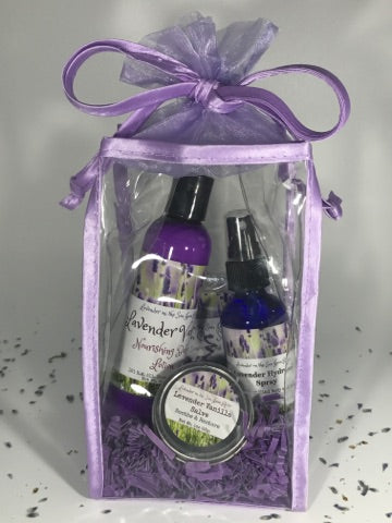 Lavender Colored Vinyl Gift Bag With Lavender Hydrosol, Lavender/Vanilla Lotion, Goat Milk/Lavender Soap and Lavender Salve,
